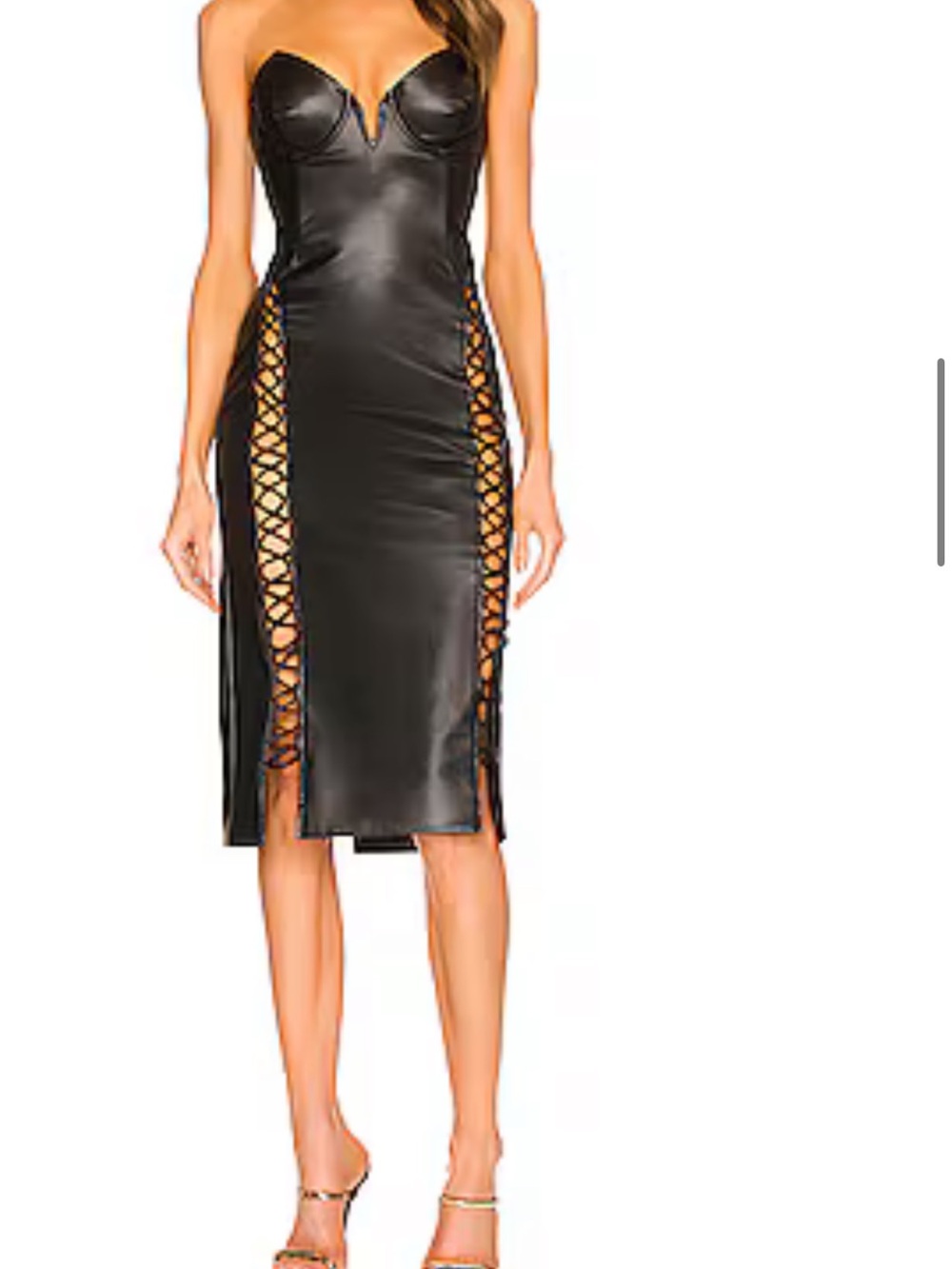 Michael Costello Strapless Lace-Up Faux Leather Midi Dress in Black